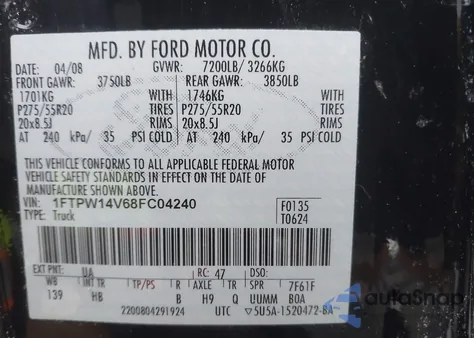 2008 Ford F-150 60Th Anniversary/Fx4/King Ranch/Lariat/Xlt from USA, damaged, VIN 1FTPW14V68FC04240